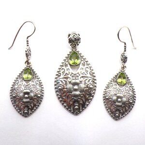 Beria 925 Sterling Silver Peridot Earrings and Pendant Set, Ornate Earrings and